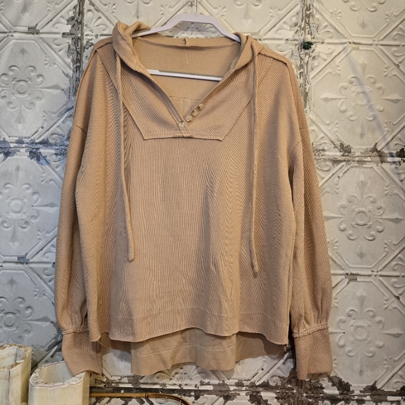 VYSN Drawstring Long Sleeve Hoodie Tan Pullover Cozy Comfy Cotton Sweater NWOT M - Picture 2 of 11